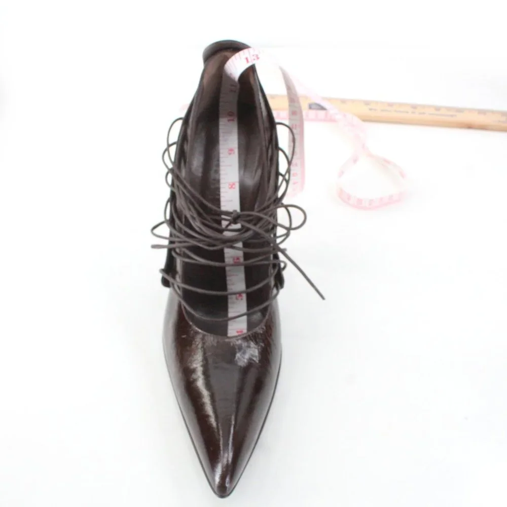 Gianni Barbato Patent Leather Lace Up Pointed Pumps Sculptural Heel Brown 7.5 - Picture 14 of 16